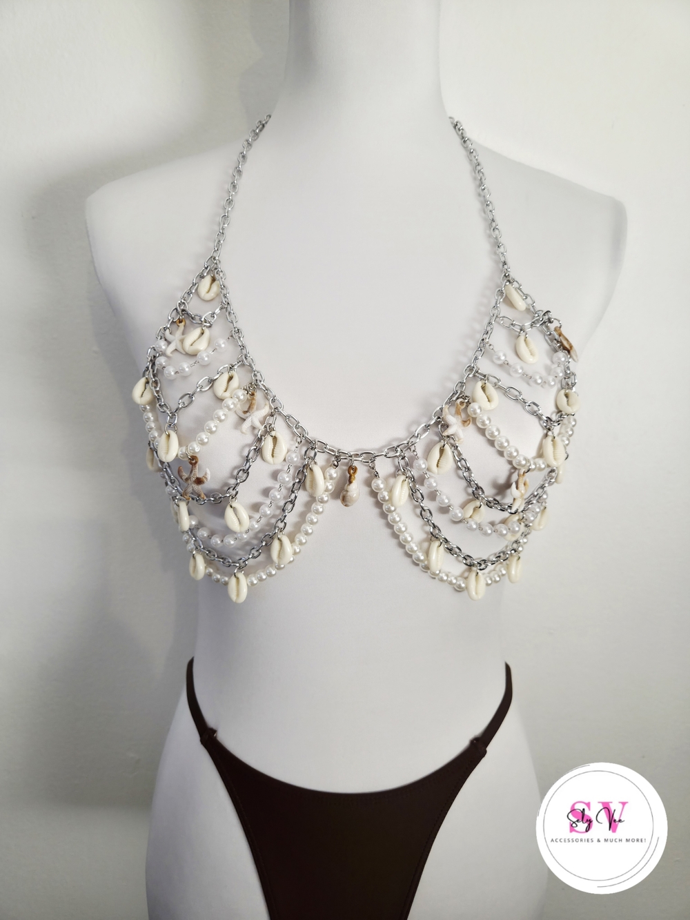 Silver body chain accessory with shell and pearl decor